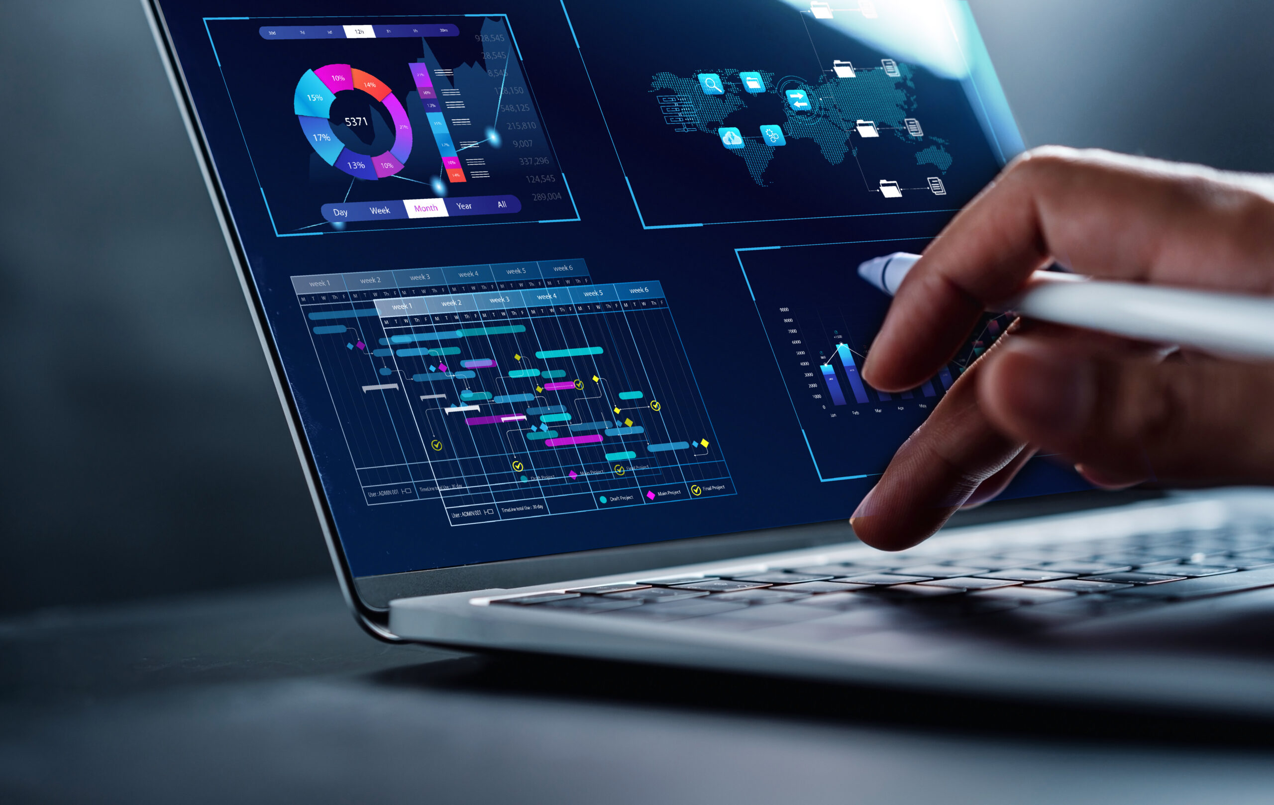 Analyst working in Business Analytics and Data Management System to make report with KPI and metrics.